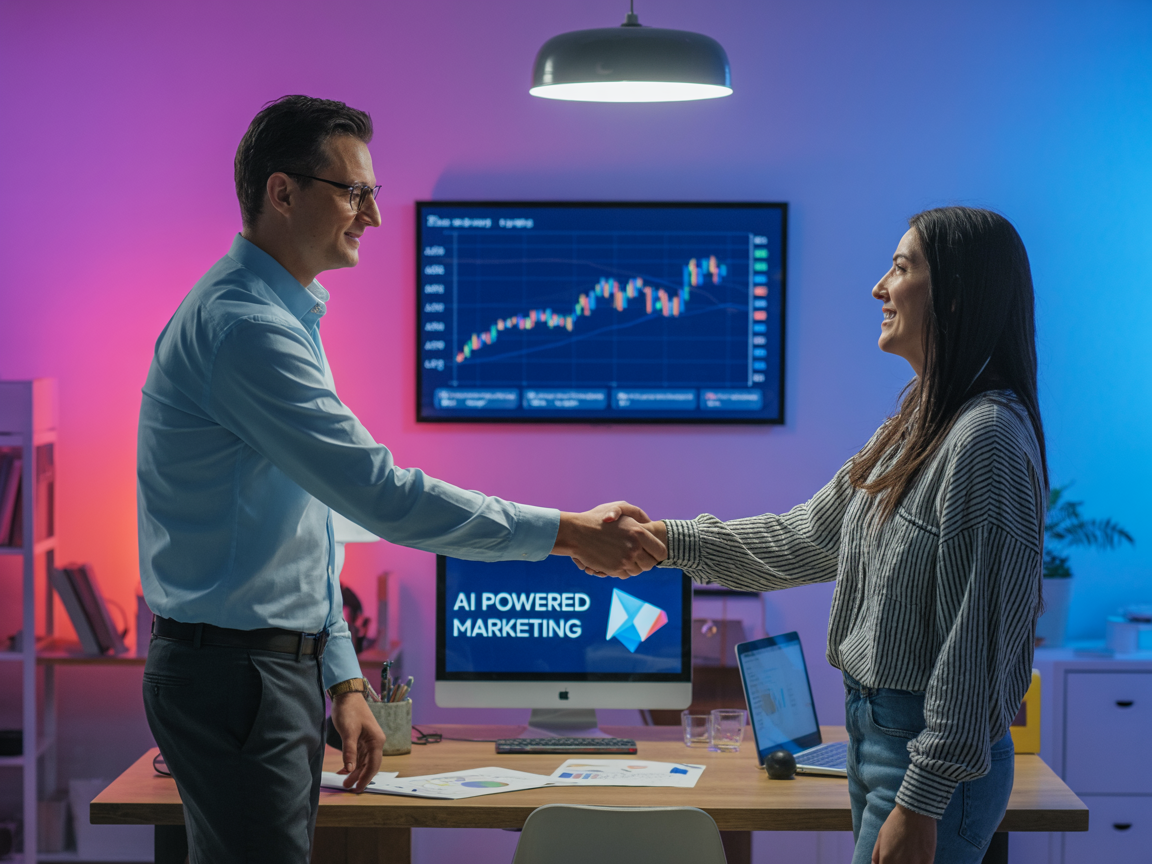 Two people shaking hands at an office