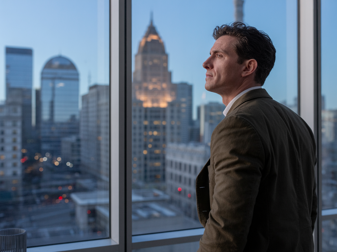 A CEO looking at a city from his office