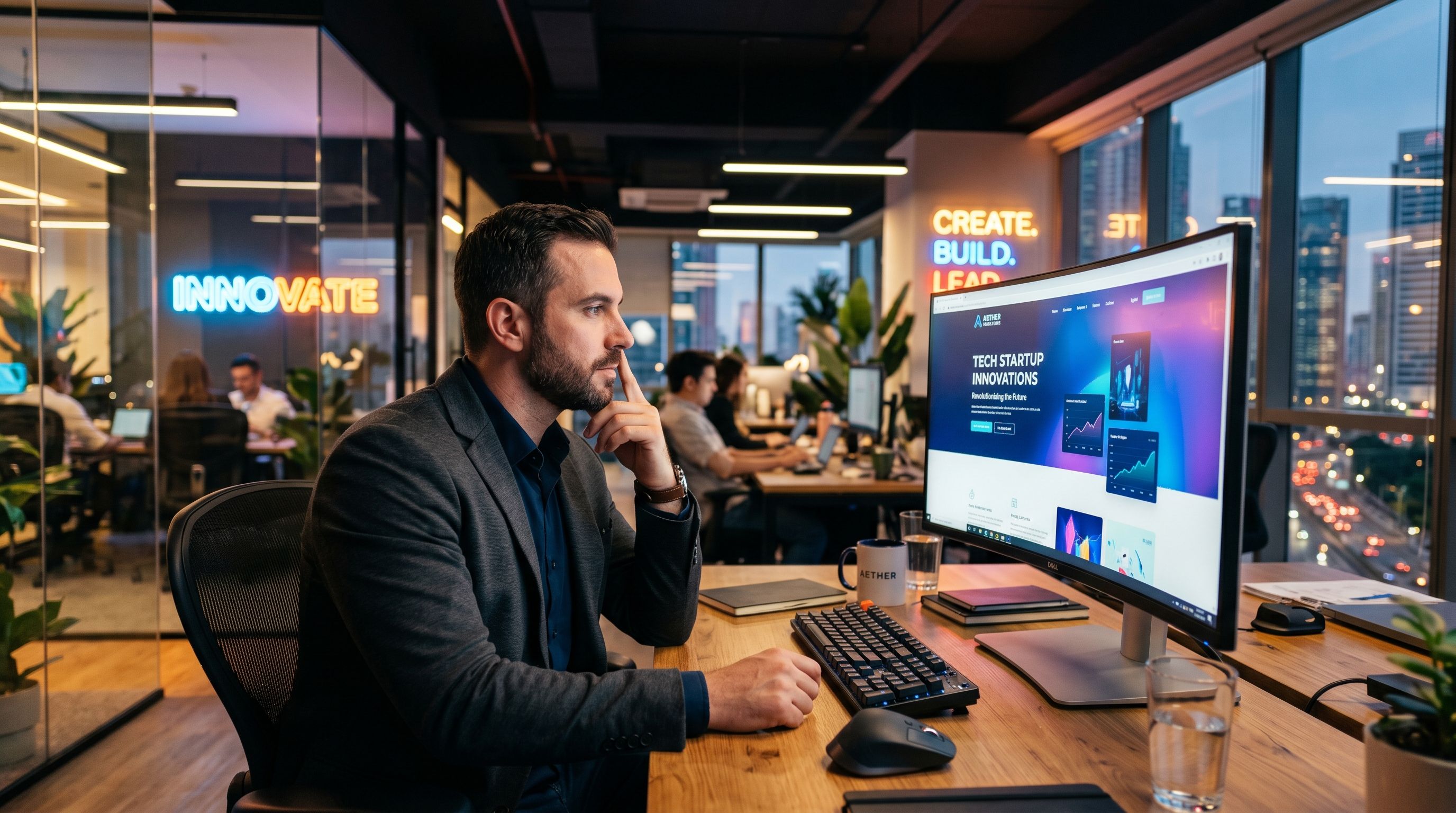 A business owner sitting at his desk staring a hsi computer screen