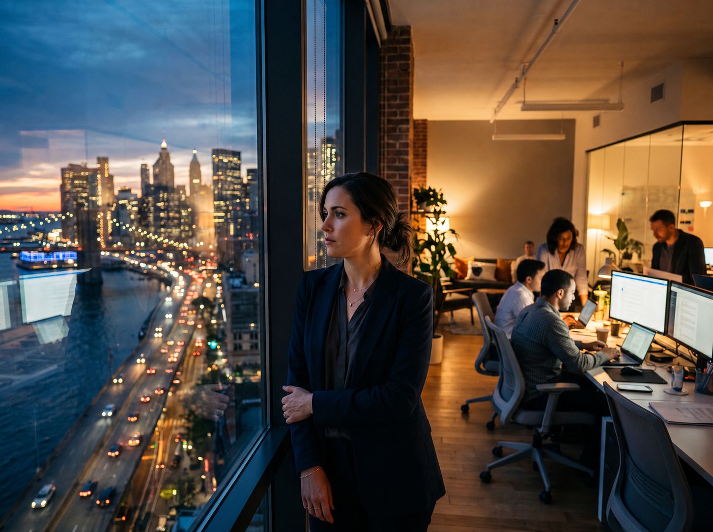 A woman in business attire gazes out a high-rise window overlooking a lit cityscape at dusk, while colleagues work at desks in an